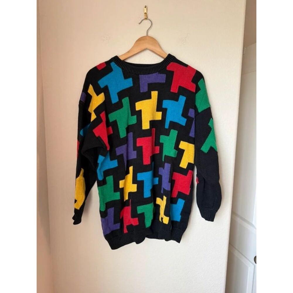 Vintage 1992 I.B. Diffusion Black Colorblock Geometric Sweater 90s Oversized